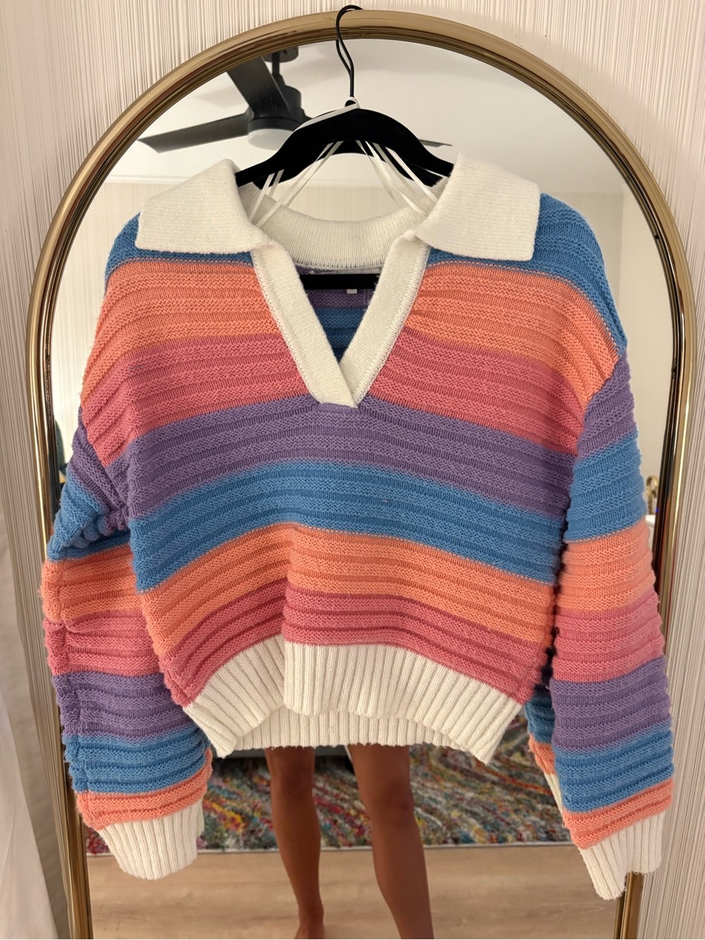 Striped V-Neck Collared Sweater in Peach, Blue & Purple